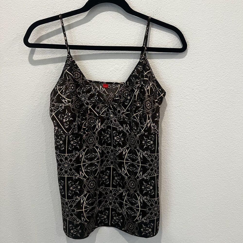 Esprit Vtg Y2K Spaghetti Strap Satin Brown Top Sz S Floral Geometrical Preppy